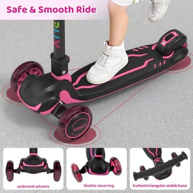TONBUX Kids Scooter, Light Up 3 Wheel Kick Scooters for Kids 3-12, Folding Scooters with Adjustable Height - Toddler Scooter Lean-to-Steer & Widen Anti-Slip Deck - Rose Purple - Image 6
