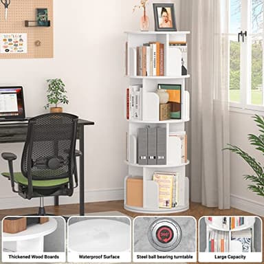 Aheaplus Rotating Bookshelf, Small Corner Bookshelf for Small Space, 360 Display 4 Tier Floor Standing Bookcase Storage Rack, Wood Narrow Book Shelf Organizer for Bedroom, Living Room, White - Image 4