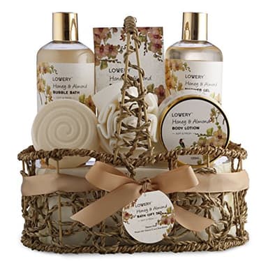 Womens Gifts, Gift Baskets for Women Who Have Everything, Home Spa Honey & Almond Scent, Luxury Bath & Body Set - Shower Gel, Bubble Bath, Body Lotion, Salts, Bath Bomb, Bath Puff & Handmade Basket - Image 1