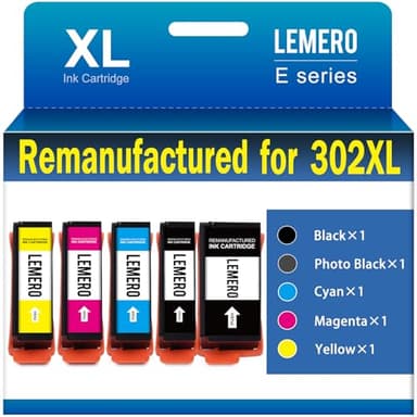 LEMERO Remanufactured Ink Cartridge Replacement for Epson 302 XL 302XL T302XL for XP-6100 XP6100 XP6000 XP-6000 Printer (Black, Photo Black, Cyan, Magenta, Yellow, 5 Pack) - Image 1