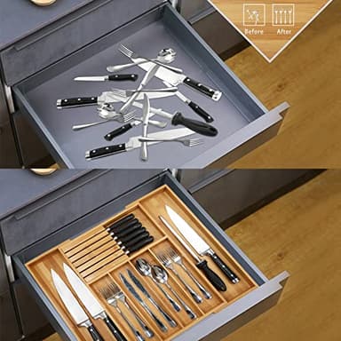 VaeFae Bamboo Silverware Drawer Organizer Kitchen, Expandable Utensil Organizer with Knife Block, Cutlery Tray with Divider, Multifunctional Wooden Drawer Organizer - Image 5