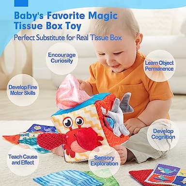 hahaland Baby Tissue Box Toy - Baby Toys 6-12 Months Montessori Toys for 6 Month Old with Textured Tails, Crinkle Tissues, Squeaky, Mirror, Gifts Play Silks Sensoy Scarves for Babies Stocking Stuffers - Image 4