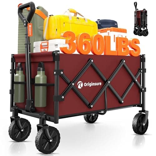 Originsure Collapsible Wagon Cart Foldable - Portable Heavy Duty Folding Beach Wagons with Wheels - Outdoor Utility Carts for Groceries, Shopping, Camping, Sports, Garden with Large Capacity - Red