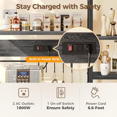 SUPERJARE Large Bakers Rack with Power Outlets, 6-Tier Microwave Stand, Coffee Bar with 12 S-Shaped Hooks, Kitchen Shelf with Wire Basket, 39.3 x 15.5 x 66.9 Inches, Charcoal Gray - Image 4