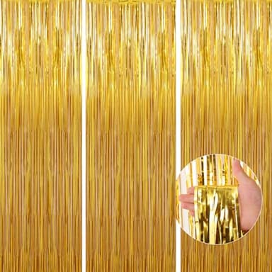 Birthday Party Decorations: 3 Pack 3.3 x 9.9 ft Gold Foil Fringe Curtains Party Supplies, Tinsel Curtain Backdrop for Parties/Birthday/Photo Booth - Image 1