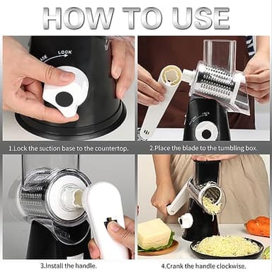 Cambom Rotary Cheese Grater Hand Crank Cheese Shredder for Fresh Cheese, Vegetable, Nuts,Non-slip Suction Base, Free Cleaning Brush Three Blades, Black - Image 8
