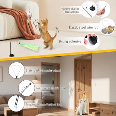 Janbenty 4-in-1 Interactive Cat Feather Toys with Durable Retractable Fishing Pole, Enhanced Suction Cup Toy, Door Hanging Teaser Toy and 11 Attachments Replacements for Bored Indoor Adult Cats - Image 4