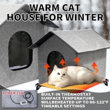Heated Cat House for Outside - Weatherproof & Insulated Foldable Outdoor Warm Cat Shelter with Thermostatic Pet Heating Pad for Winter Outdoor Stray (Charcoal, 12"x15") - Image 3