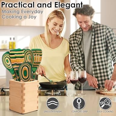 Kitchen Pakkawood Wooden Spoons for Cooking – 7-Piece Kitchen Utensil Set with Spatula, Corner Spoon, Rice Paddle – Nonstick Safe Durable Wooden Cooking Tools for Home Kitchen by Howhong (Oasis) - Image 5