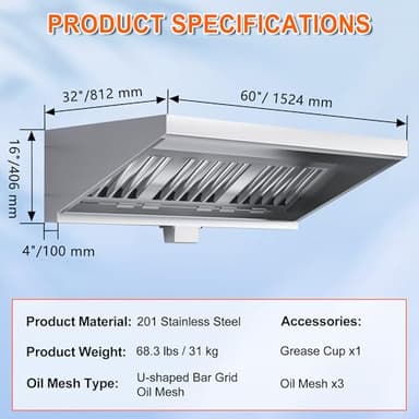 5FT Commercial Kitchen Exhaust Hood Food Truck Vent Hood Durable Stainless Steel Concession Trailer Hood with 3 Removable Hood Filters (No Motor), NSF Listed - Image 2