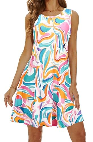 Summer Dresses for Women 2025 Casual Sundresses Beach Cover Ups Sleeveless Tshirt Swing Dress with Pockets Colorful DT XX-Large - Image 2