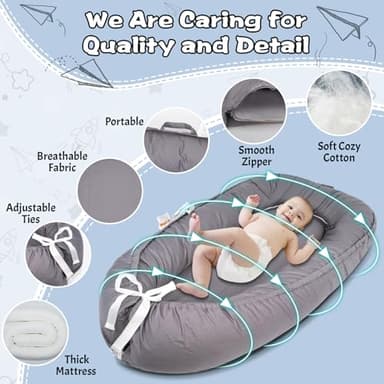 Baby Lounger, Infant Nest Cover, Newborn Lounger Cover Co Sleeper for Baby 0-24 Months, 100% Cotton Breathable Cosleeper for Baby in Bed, Soft Baby Essentials Gifts, Machine Washable (Gray) - Image 7