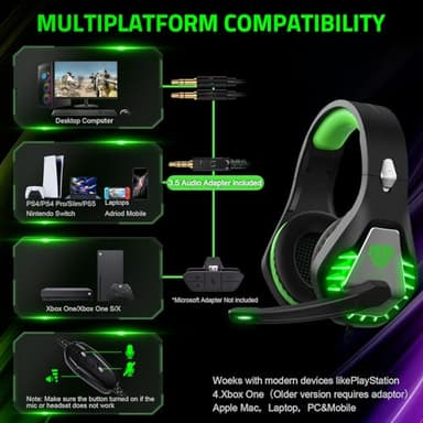 Pacrate Gaming Headset with Microphone for PC, PS4, PS5, Switch, Xbox Series X/S, Noise Cancelling Gaming Headphones with LED Lights for Kids Adults, Black Green - Image 4