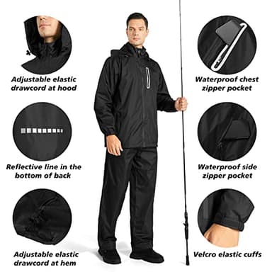 SWISSWELL Men's Waterproof Golf Rain Suit Rain Gear Jacket and Pant Outdoor Lightweight Hooded Raincoat Black Medium - Image 4