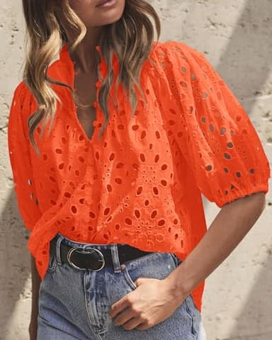 PRETTYGARDEN Women's Summer Tops 2025 Dressy Casual Short Sleeve V Neck Buttons Hollow Out Lace Embroidered Blouses Shirts (Orange,Large) - Image 6