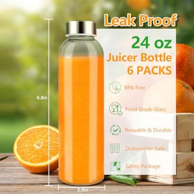 Zukro Glass Water Bottles with Lids 24 oz, 6 Pack Reusable Juice Bottles With Stainless Steel Airtight Cap for Juicing, Leak Proof Clear Drinking Jar Beverage storage container for Fridge, BPA Free - Image 2