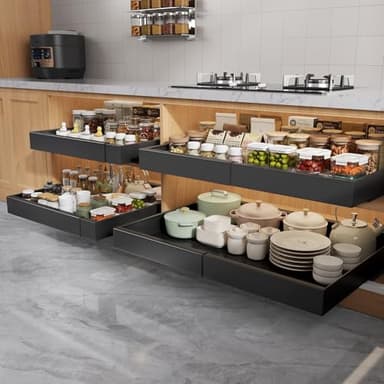 Seinloes 4 Pack Pull Out Cabinet Organizers 21" Deep With Raising Pad for Framed Cabinets, Expandable Width (15.2"-26.3") Slide Out Drawers Upgrade 3 Slide Rails, Roll Out Shelves Adhesive, Black - Image 1