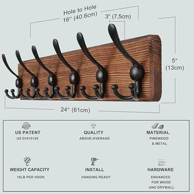 Dseap Coat Rack Wall Mounted - 24" Long 6 Tri Hooks, Heavy Duty Wooden Wall Coat Hanger Coat Hook for Clothes Hat Jacket Clothing, Natural and Black - Image 5