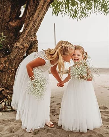 2Bunnies Girl Peony Lace Back A-Line Straight Tutu Tulle Party Flower Girl Dress (White Sleeveless Maxi, 7/8) - Image 7