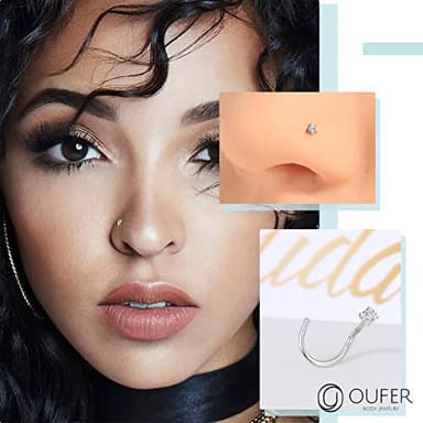 OUFER 925 Sterling Silver Nose Stud, Bone L Screw Shaped Nose Rings, 20G Nostril Solid 2mm Round CZ Nose Piercing Jewelry for Women Men - Image 2