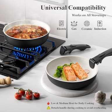 Bazova 23-Piece Removable Handle Pots and Pans Set Non Stick, Ceramic Cookware Set with Mini Egg Pan, Large Capacity, Non-Toxic, Induction & Oven Safe, Dishwasher Safe, RV Compatible, Black & White - Image 4
