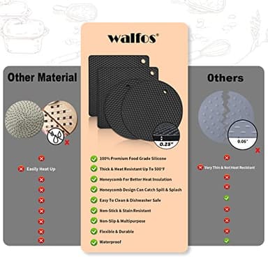 Walfos Silicone Trivet Mats - 4 Heat Resistant Pot Holders, Multipurpose Non-Slip Hot Pads for Kitchen Potholders, Hot Dishers, Jar Opener, Spoon Holder, Food Grade Silicone & BPA Free (Black) - Image 7