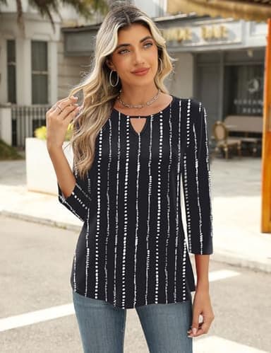 Romanstii 3/4 Length Sleeve Womens Tops Tunics or Tops to Wear with Leggings Cut Out Dressy Blouses Black White Stripes S - Image 4