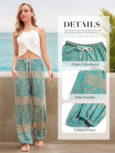 QIANXIZHAN Women's Harem Pants, Hippie Palazzo Pants Boho Joggers Yoga Clothes with Pockets Cyan Flower L - Image 4