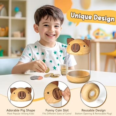 hizgo Wooden Piggy Bank for Kids Adults, Clear Savings Jar for Boys and Girls, Unbreakable Money Coin Bank for Kids Birthday - Image 2