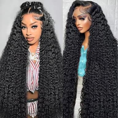 Nsvnsv 13x6 Deep Wave Lace Front Wigs Human Hair HD Full Lace Frontal Wigs Pre Plucked Bleached Knots 180% Density Deep Curly Human Hair Wig Natural Color 32Inch - Image 1