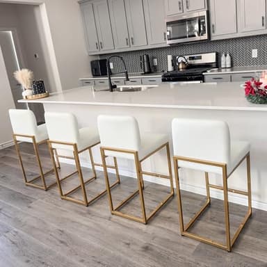 ALPHA HOME 24” Bar Stools Set of 4 Counter Height Bar Stool Pu Leather Kitchen Modern Bar Stools with Backrest Upholstered Footrest Sturdy Chromed Metal Steel Frame, Off-White - Image 1