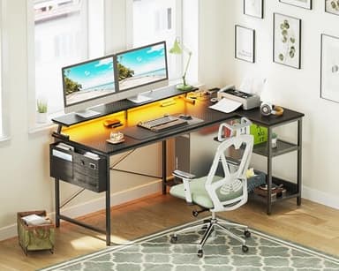 ODK 58 Inch Gaming Desk with USB Charging Ports and LED Lights, Reversible L Shaped Computer Desk with Storage Shelves & Monitor Stand, Corner Gamer Desk Table with Power Outlets, Black - Image 9