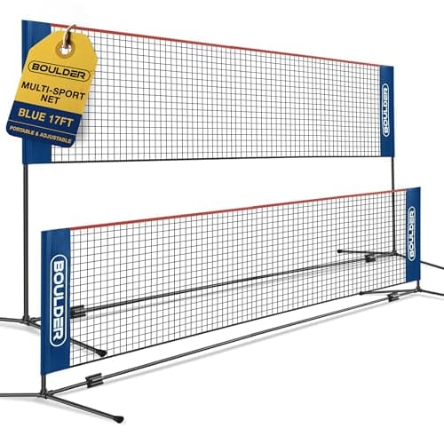 BOULDER Portable Badminton Pickleball Net - Foldable / Extendable Poles for Multiple Sports Heights (UP to 5 ft) - Ideal for Tennis, Pickleball, Soccer Tennis - Easy Setup (Blue, 17 FT) - Image 1