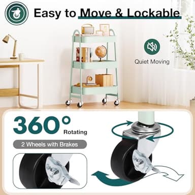 SMUG 3 Tier Rolling Cart - Metal Utility Carts on Lockable Caster Wheels, Mobile Storage Shelves Organizer for Livingroom, Bathroom, Kitchen, Bedroom & Narrow Places, Green - Image 3