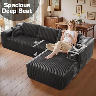 106" Cloud Sectional Couch with Chaise Lounge,L Shaped Modular Modern Sofa,Comfy Corduroy Fluffy Sofa with Deep Seat,No Assembly Required Couch for Living Room(Right,Plush Corduroy,Gray) - Image 6
