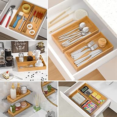 VeyFey Bamboo Drawer Organizer, Stackable Utensil Organizer for Kitchen, Bamboo Storage Box Wood Silverware Tray for Drawer 15" x 6" x 2" Set of 2 - Image 5
