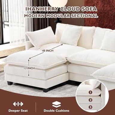 Ihanherry 111.4" U Shaped Cloud Couch Modern Modular Sectional Sofa with 2 Ottoman, 5-Seat Chenille Deep Seat Sofa with 5 Pillows for Living Room, Bedroom and Apartment, Beige - Image 2