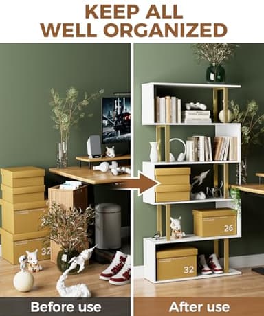 Gadroad 5 Tier Geometric Bookcase,S Shaped Bookshelf, Wood Decorative Storage Shelving, Modern Freestanding Display Shelves, Tall Book Shelf Unit for Living Room Bedroom, Gold - Image 7