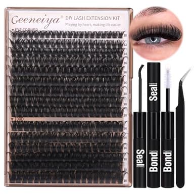 Geeneiya Volume Lash Clusters Kit DIY Lash Extension Kit D Eyelash Extensions with Lash Bond and Seal Tweezers,10-14mm Eye Corner Eyelashes and 16-18MM Cluster Lashes 300Pcs - Image 1