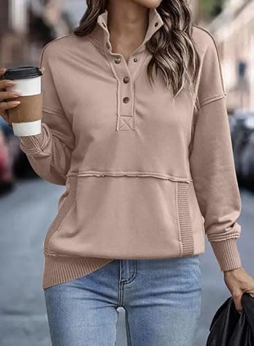 SHEWIN Womens Sweatshirt Casual Long Sleeve Lightweight Sweatshirts Loose Button V Neck Pullover Tops Fall Clothes for Women 2025,US 4-6(S),Light Pink - Image 2