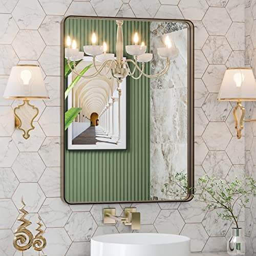 LOAAO 22”X30” Bronze Bathroom Mirrors for Vanity, Rounded Rectangle Brushed Bronze Metal Frame Mirror, Anti-Rust, Hangs Horizontally or Vertically - Image 1