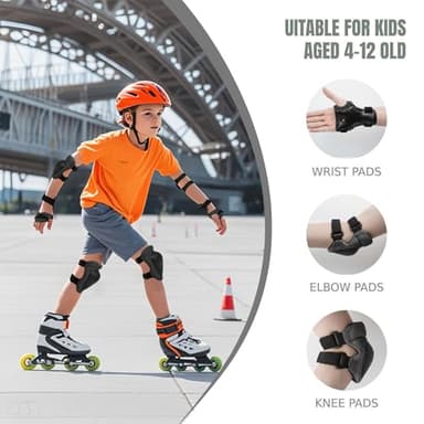 GEQID Kids Knee Pads Elbow Pads Wrist Guards Set ,Protective Gear for 4-6-12 Boys Girls Roller Skating Scooter Skateboarding Bike (Black, Free Size (4-12 Years or 40-80lbs)) - Image 2