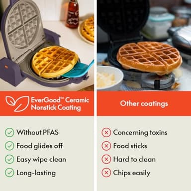 bella Flip-n-Store Waffle Maker, EverGood™ Ceramic Nonstick Coating, Fits-anywhere™ Kitchenware, Power Indicator Light & Touch Handle, 7” Wide & 1" Deep Plates, 1000 Watt, Plum - Image 6