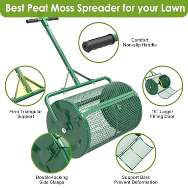 Seeutek Compost Spreader - 24" Peat Moss Spreader with 3 Heights, Top Soil Spreader W/Upgraded Side Latches Support Rod Powder Coated Metal Mesh Top Dressing Spreader for Lawn, 2 Way Uses-Push or Tow - Image 2