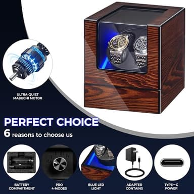 BEWISHOME Watch Winder for Automatic Watches, Automatic Watch Winder Box Watch Spinner with LED Light, Double Watch Winder with Quiet Motor Wooden 4 Modes Battery or Type-C Adapter, Brown SYQ02Y - Image 3