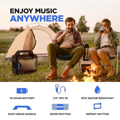 ION Tailgater Boom - Outdoor Portable Bluetooth Speaker with Mic in, FM Radio, USB Port, Battery, IPX5 Water-Resistant, Wireless Stereo-Link, App, 60W - Image 4