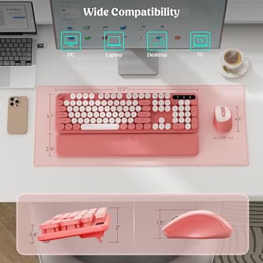 Wireless Keyboard and Mouse Combo, Blush Pink for Aesthetic Desk, Magnetic Wrist Rest, Full-Size Retro Typewriter Keyboard with Round Keycaps, Sleep Mode, 2.4GHz Cordless for Mac/Windows/PC, Trueque - Image 7