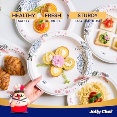 JOLLY CHEF ๐ญ๐ฐ๐ฌ ๐๐ผ๐๐ป๐ ๐ฃ๐ฎ๐ฝ๐ฒ๐ฟ ๐ฃ๐น๐ฎ๐๐ฒ๐ ๐ญ๐ฌ ๐ถ๐ป๐ฐ๐ต Soak Proof, Cut Proof, Heavy Duty Flower Printed Disposable Paper Plates for Everyday Use - Image 7