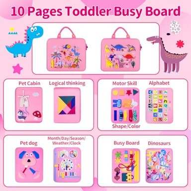 PITCOTT Busy Board Montessori Toys for 1 2 3 4 Year Old Toddlers -Travel Toy for Plane Car, Birthday Gift for Boys Girls - Preschool Educational Learning Activity Sensory Fine Motor Skills (Pink) - Image 2