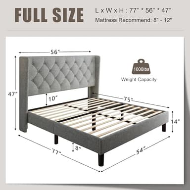 Einhomn Full Size Upholstered Bed Frame with Wingback Headboard, Fabric Linen Platform Bed, 8" Under Bed Storage, Wooden and Metal Slats Support, No Box Spring Needed, Light Grey - Image 2